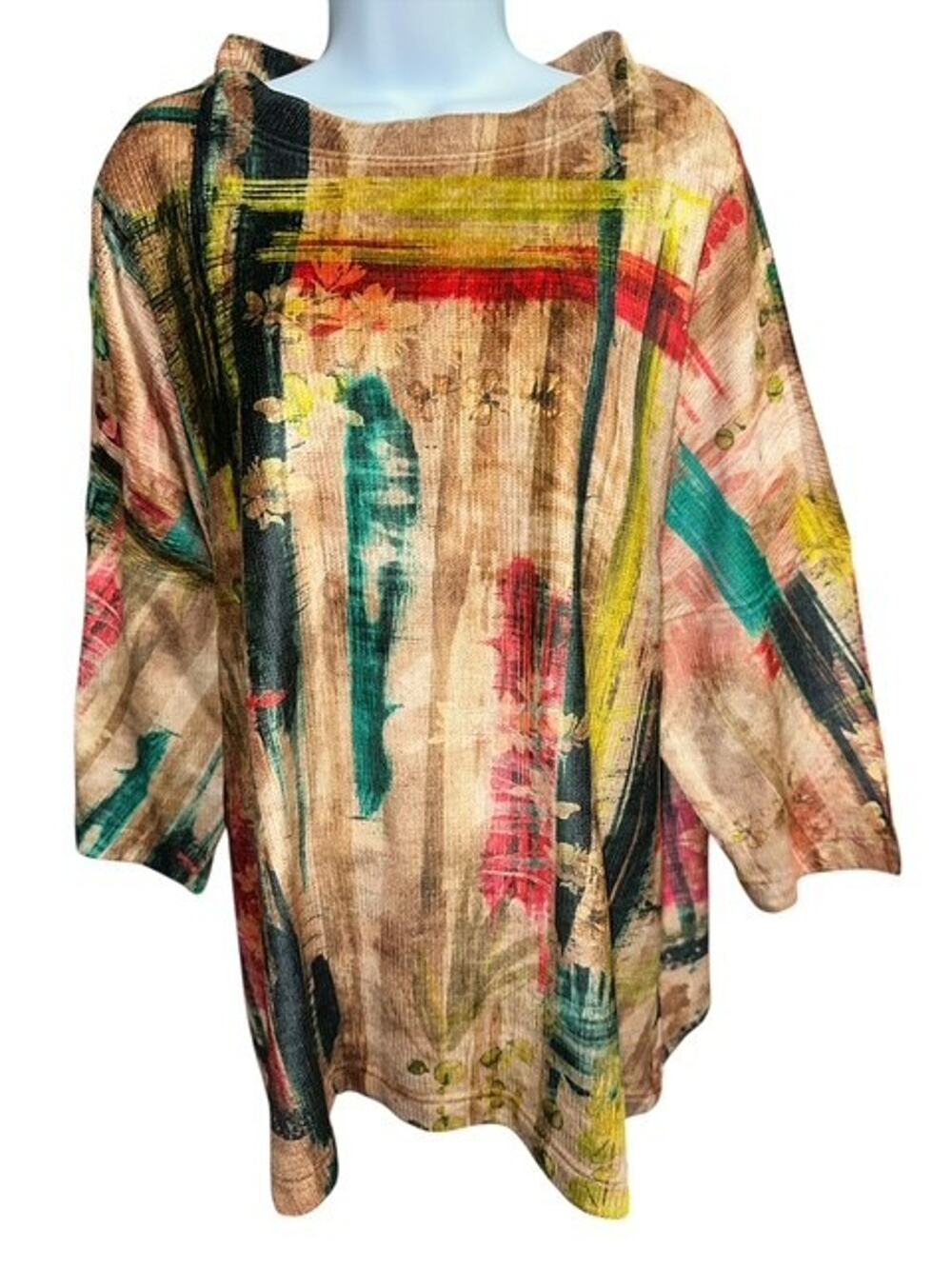 Ali Miles 3X Top Beige Green Brushstroke Velour Corduroy Artsy Tunic 3/4 Sleeves